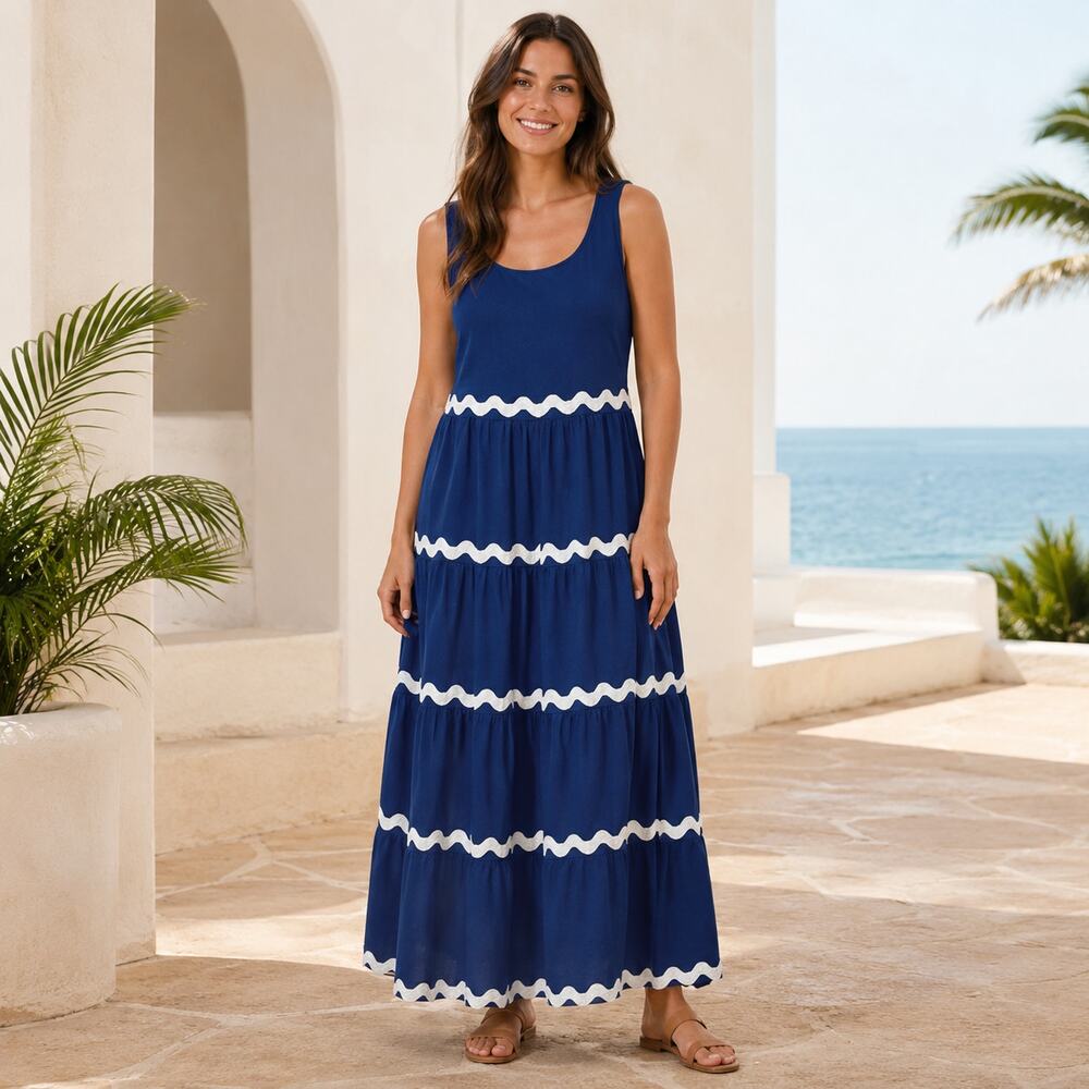 Pretty Garden Maxi Dress Large Cobalt Blue Ric Rac Trim Tiered Sleeveless NWT